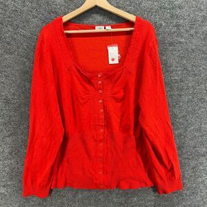 New Cato Button Up Cardigan Women 22/24W Plus Red Square Neck Long Sleeve Rayon
